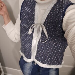Blue Floral Quilted Vest with White Fringe Trim